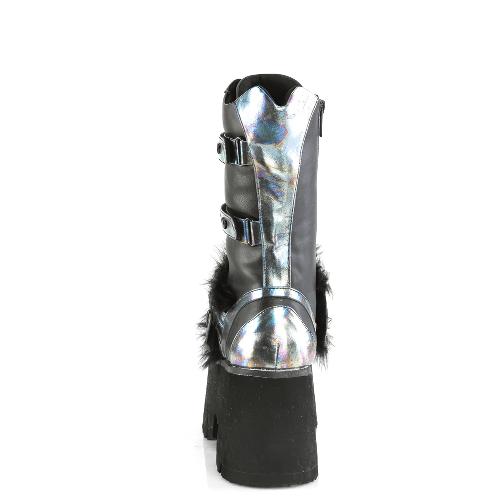 Demonia Fur-Lined Mid-Calf Platform Boot with Heart Studs and Reflective Accents, showcasing the back view.