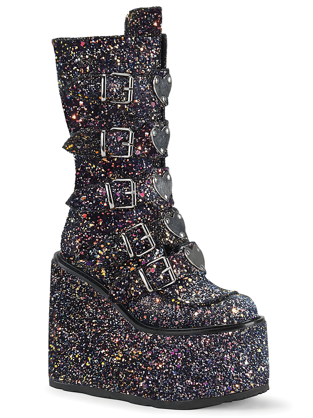 Demonia glitter mid-calf boots with heart buckles and 5.5-inch platform, perfect for a bold fashion statement.