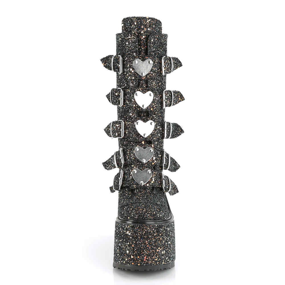 Demonia mid-calf glitter boots with heart buckles and a stunning platform design.