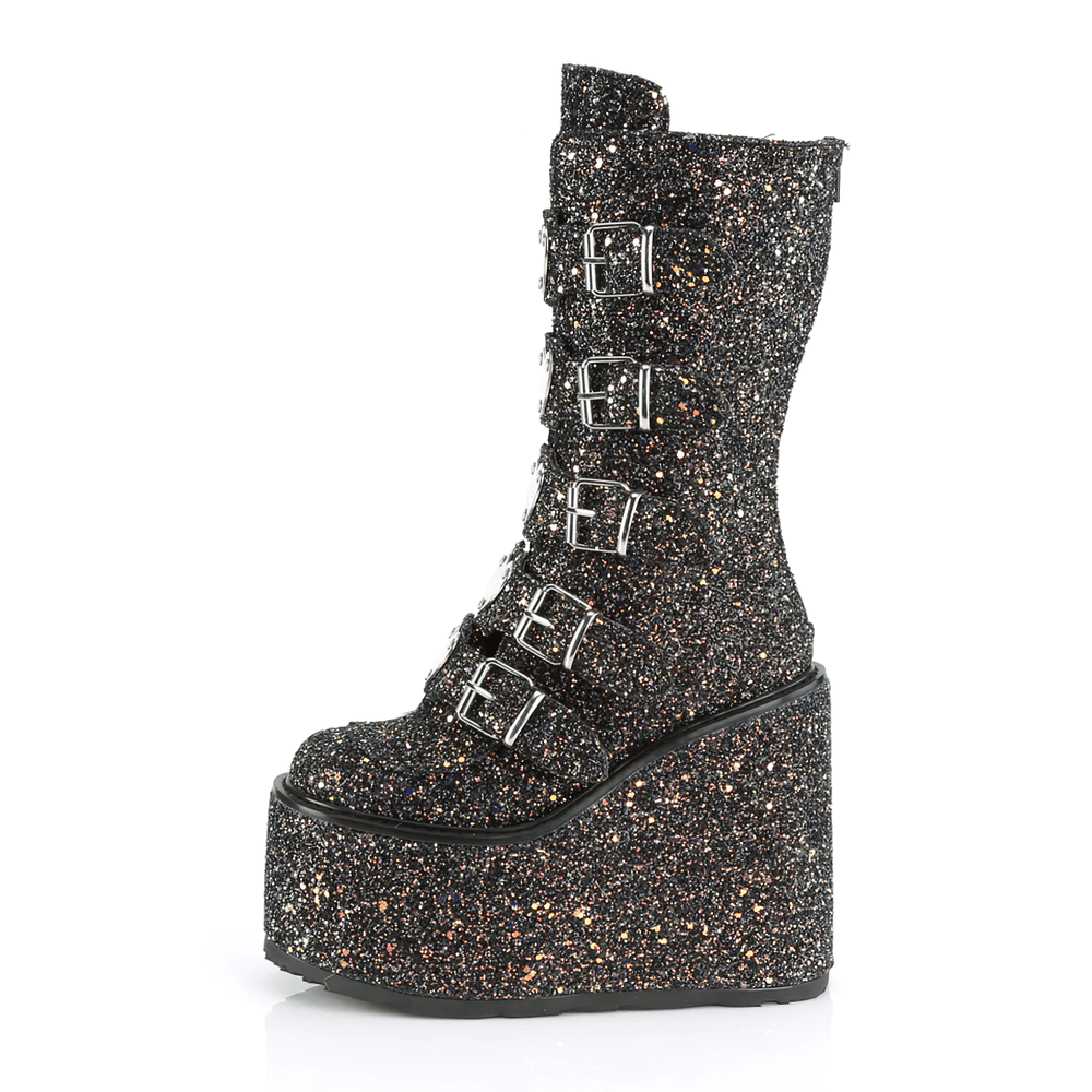 Demonia mid-calf glitter boots with heart buckles and high platform, perfect for a bold fashion statement.