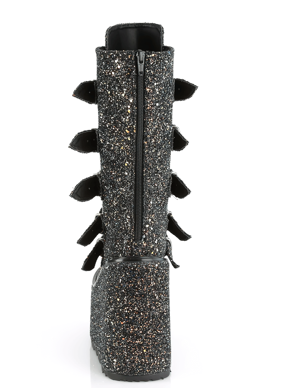 Back view of DEMONIA glitter mid-calf boots with heart buckles and adjustable straps, featuring a shimmering 5.5-inch platform.
