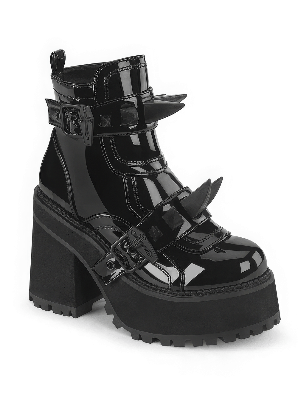 Edgy Demonia glossy black coffin buckle studded ankle boots with chunky platform and heel.