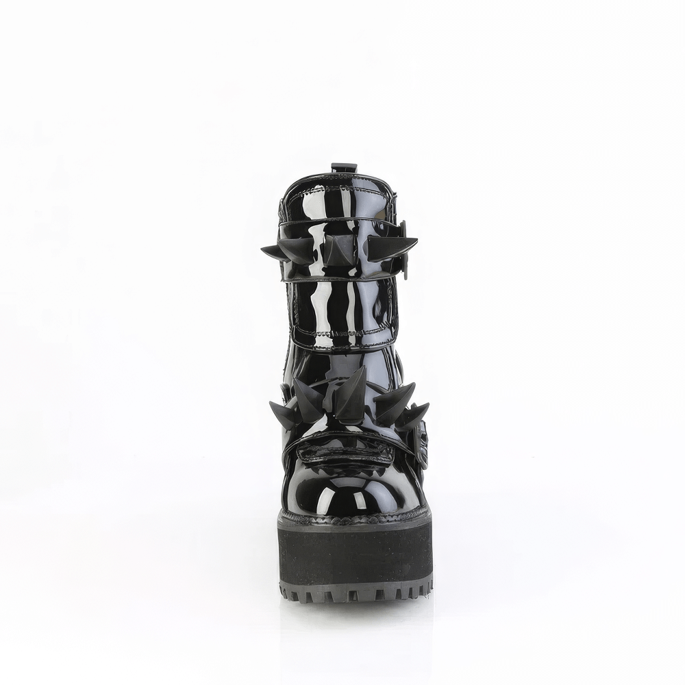 DEMONIA Glossy Black Coffin Buckle Studded Ankle Boots