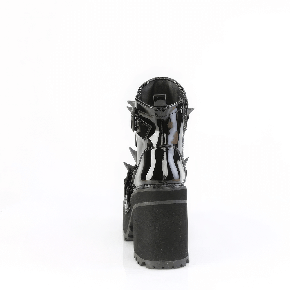 Back view of DEMONIA glossy black studded ankle boots with coffin buckle and spiked details.