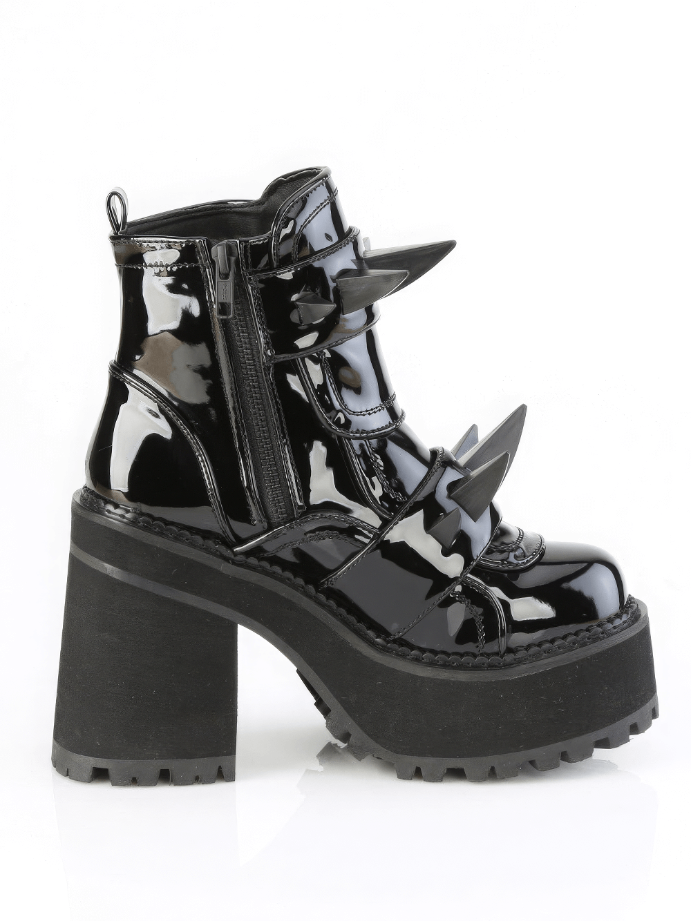 DEMONIA Glossy Black Coffin Buckle Studded Ankle Boots