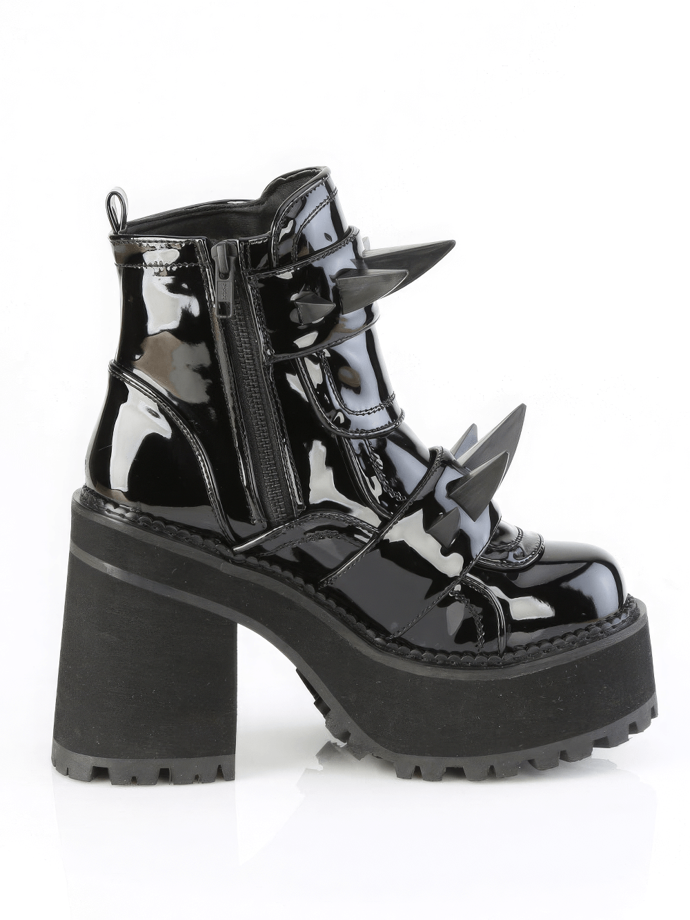 Demonia glossy black coffin buckle studded ankle boots with chunky heel and spikes, perfect for an edgy look.