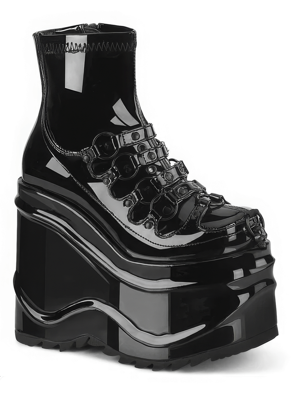 DEMONIA Glossy Black Skull-Detailed Platform Ankle Boots