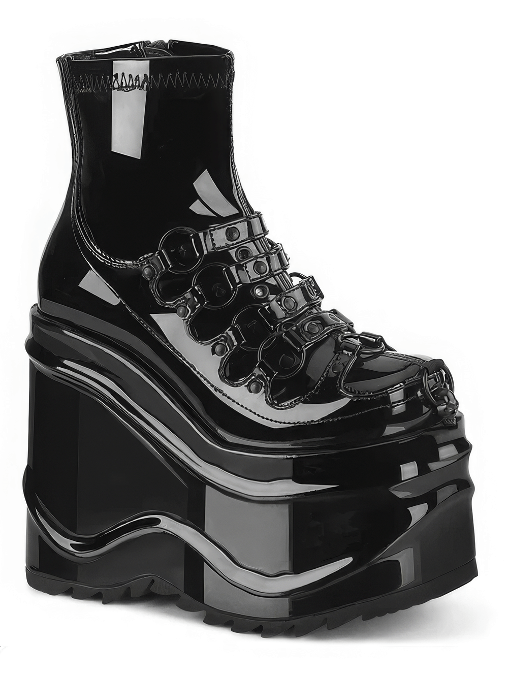 Demonia glossy black platform ankle boots with studded details and bold straps, showcasing edgy fashion.