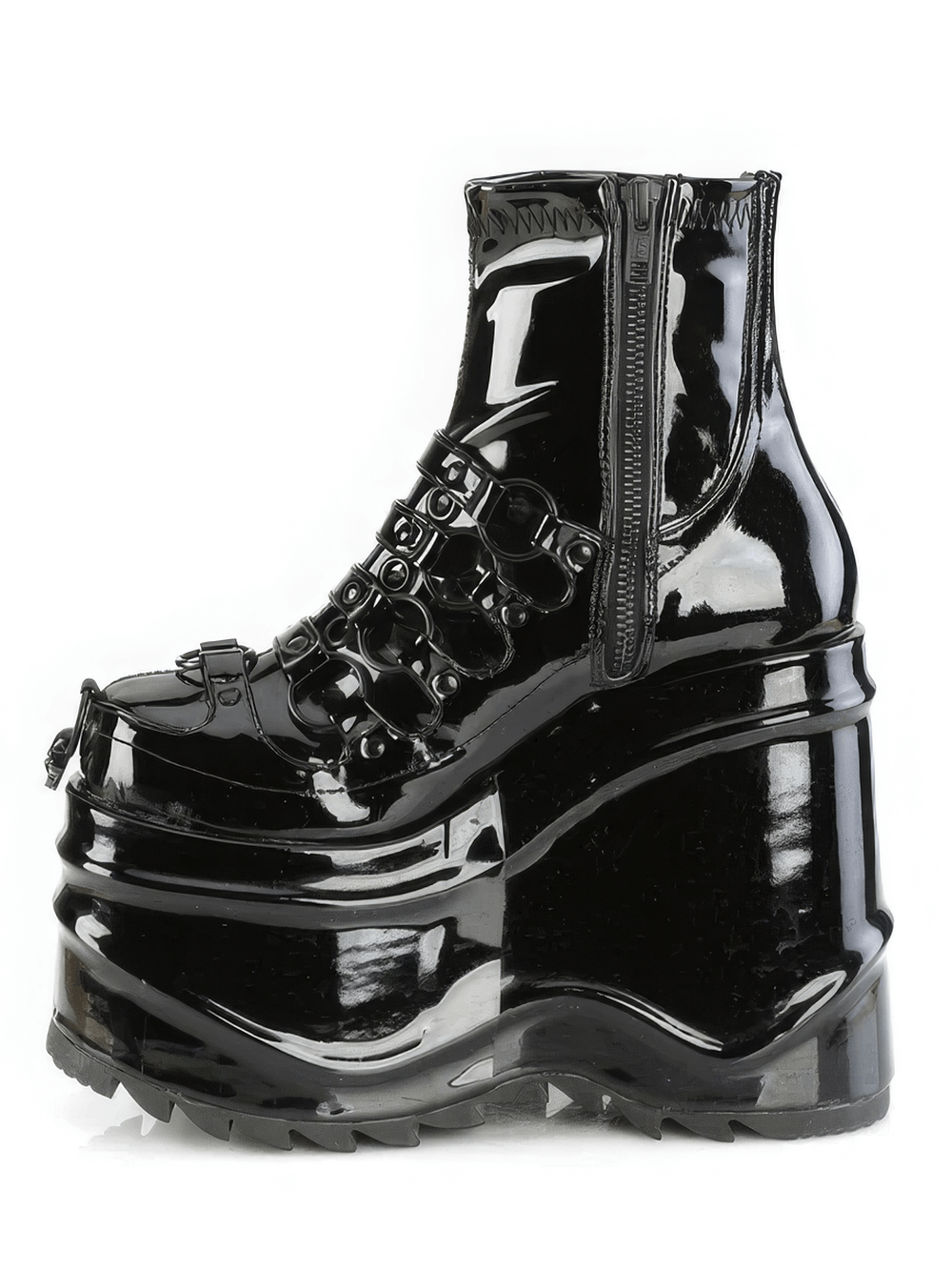 Glossy black skull-detailed platform ankle boots with O-ring and studded details, showcasing edgy elegance.