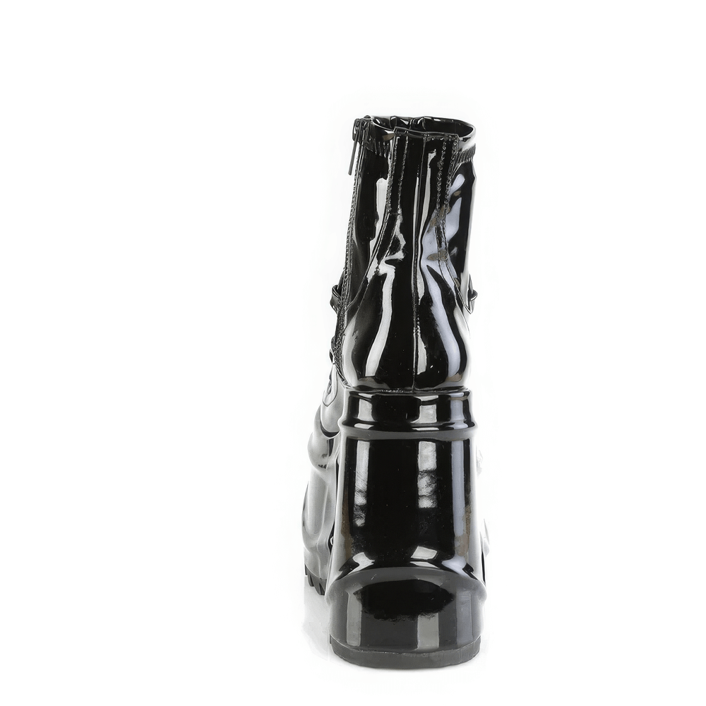 Glossy black skull-detailed platform ankle boots with edgy studded design and zip closure from back view.