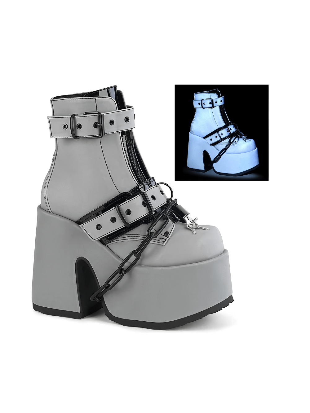 Demonia glossy gray ankle boots with chain detail, 5" heel & 3" platform in reflective vegan leather.