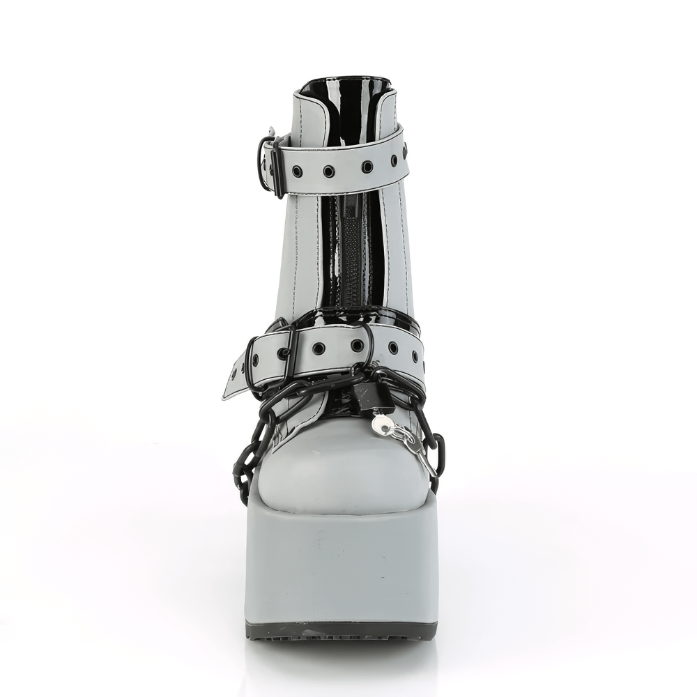 DEMONIA Glossy Gray Punk Style Ankle Boots with Chain Detail