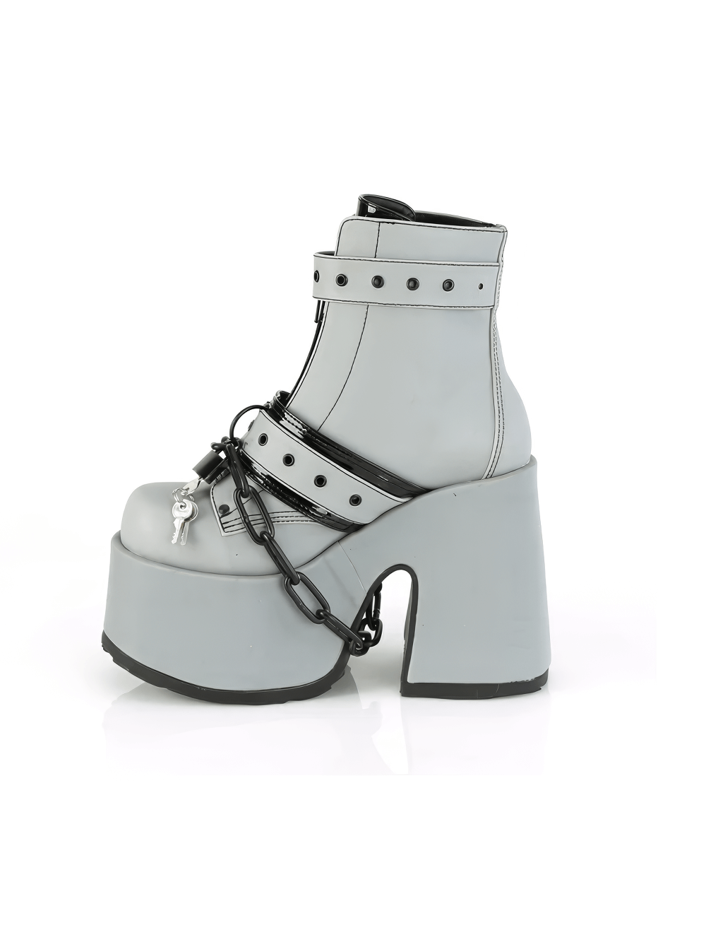 Demonia glossy gray punk ankle boots with chain detail, 5" heel and reflective vegan leather.