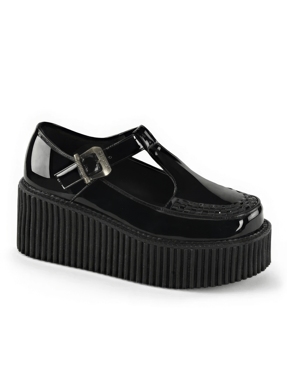 DEMONIA Glossy T-Strap Creepers with Side Cutout Design