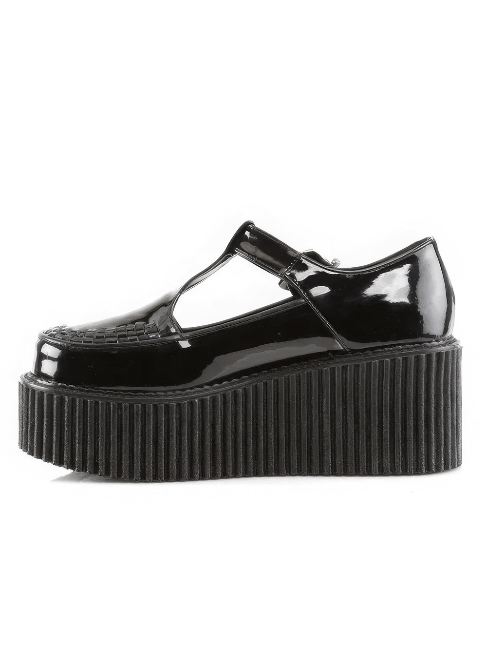 DEMONIA Glossy T-Strap Creepers with Side Cutout Design