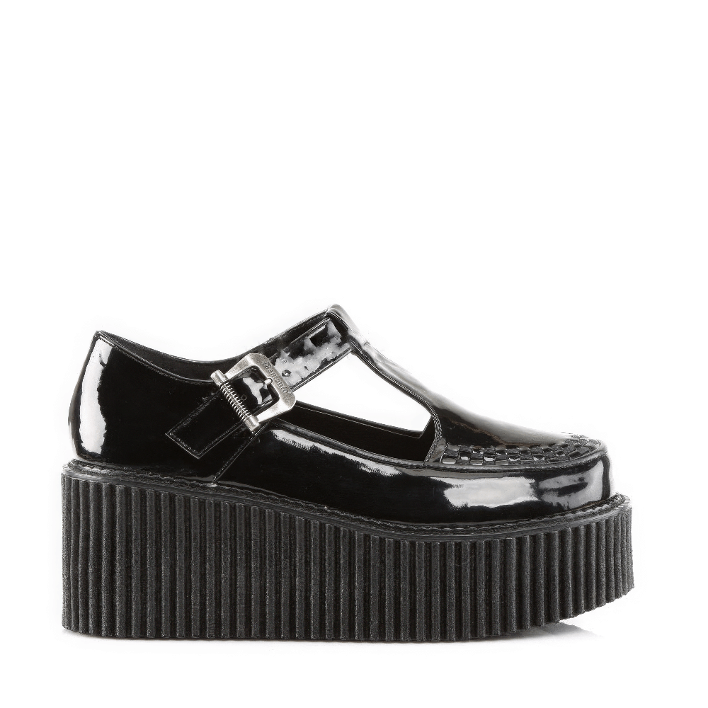 DEMONIA Glossy T-Strap Creepers with Side Cutout Design