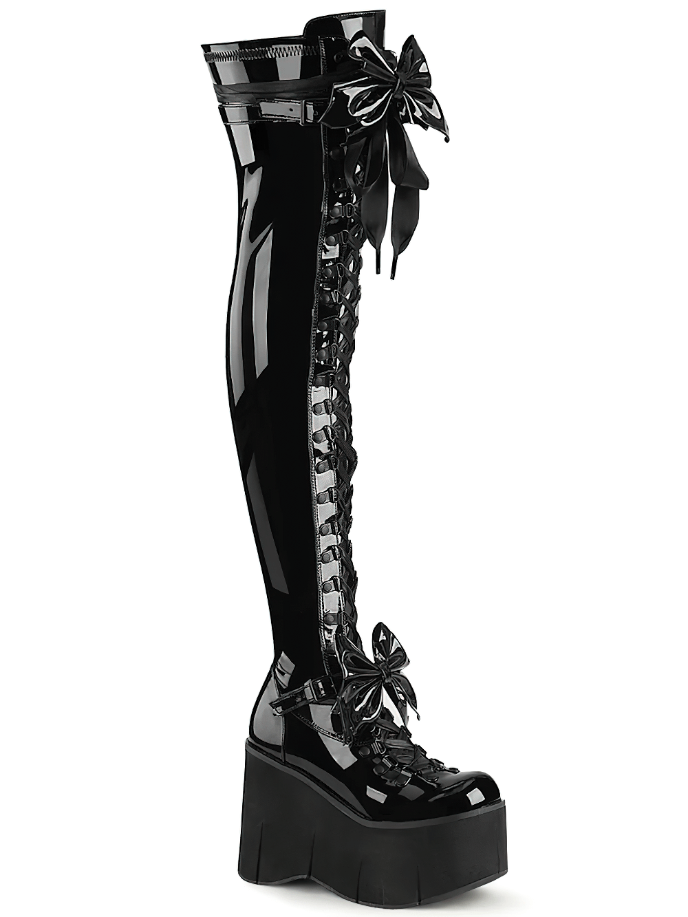 Daring Demonia glossy thigh-high lace-up platform boots with oversized bows and adjustable straps for a customizable look.