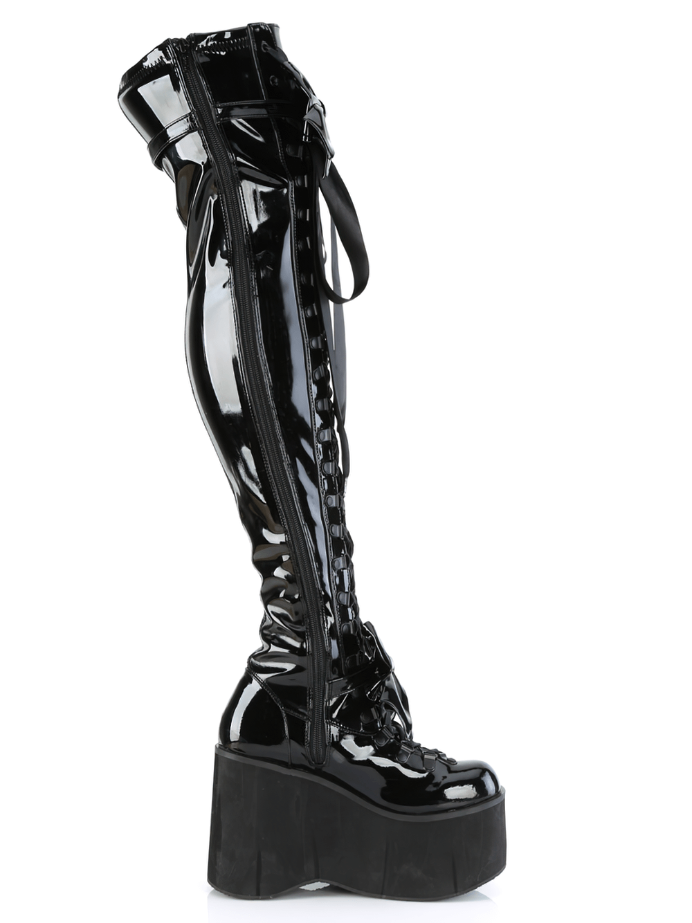 DEMONIA Glossy Thigh-High Lace-Up Platform Boots