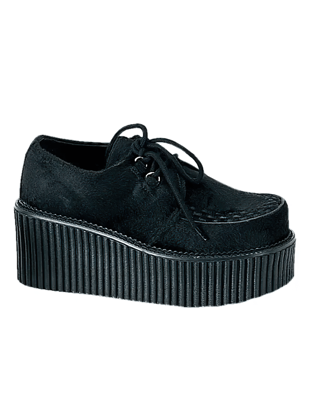 Demonia Goth Punk Fur Creeper Shoes with black platform for bold, stylish looks in rockabilly fashion.