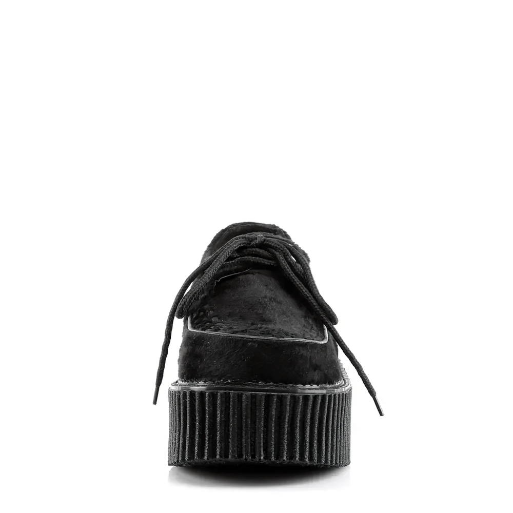 Front view of DEMONIA Goth Punk Fur Creeper Shoes with a 3-inch platform for bold rockabilly style.