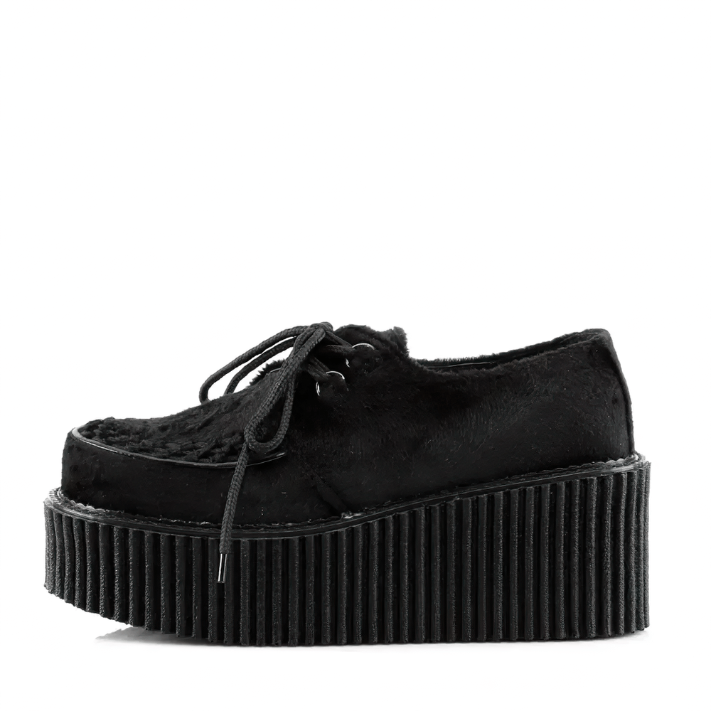 Demonia Goth Punk black fur creeper shoes with 3-inch platform for a bold rockabilly style.