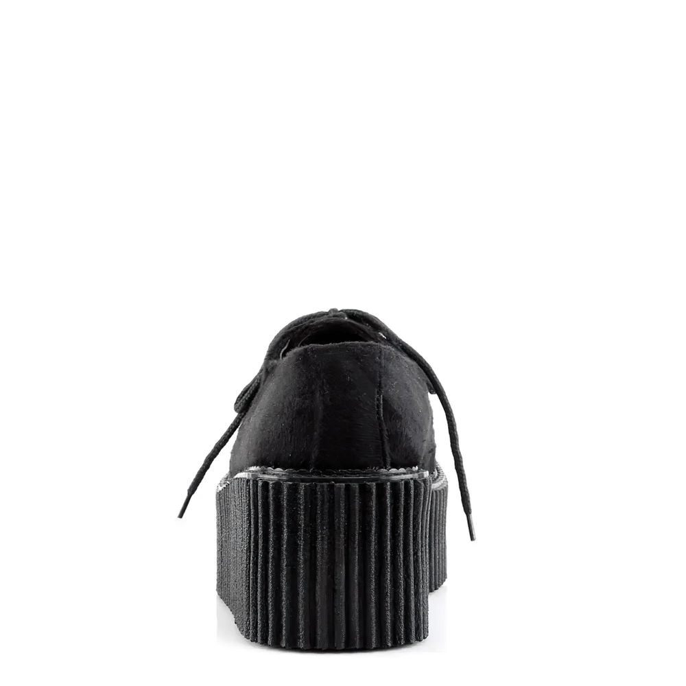 Black Demonia goth punk creeper shoes with 3" platform, featuring a sleek back view for bold style.