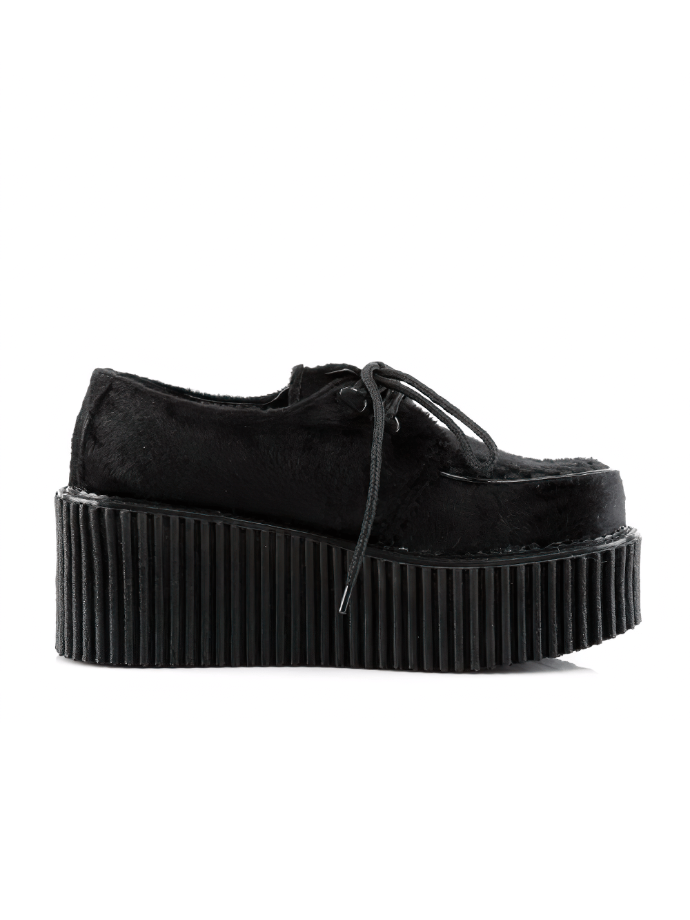 Demonia goth punk platform creeper shoes with luxurious black fur, perfect for a bold rockabilly style.