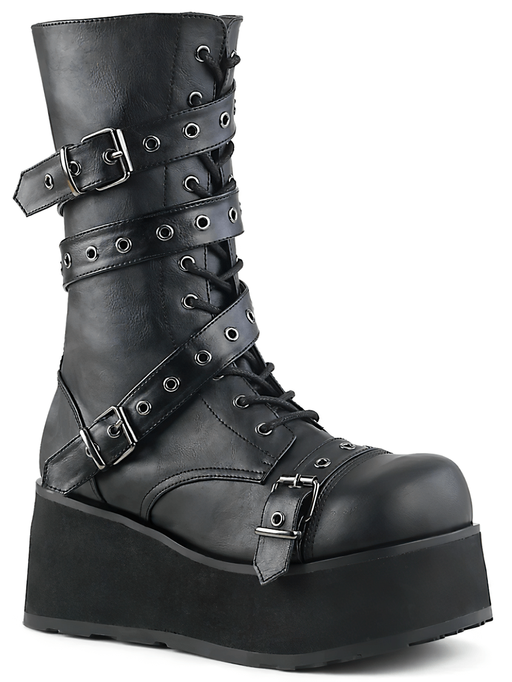 Black Demonia Goth Punk platform boots with wrap-around straps and side zipper, perfect for edgy fashion.