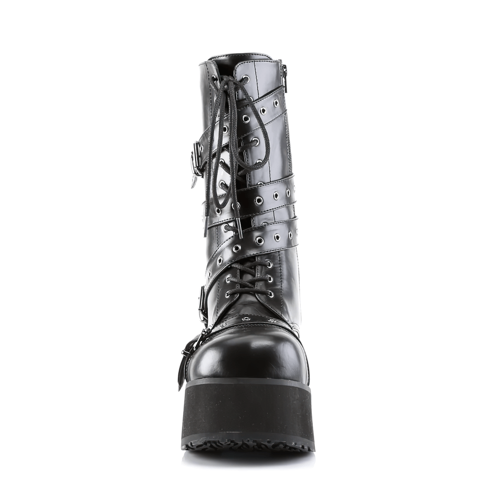 Demonia goth punk calf-height platform boots with buckle straps and side zipper.