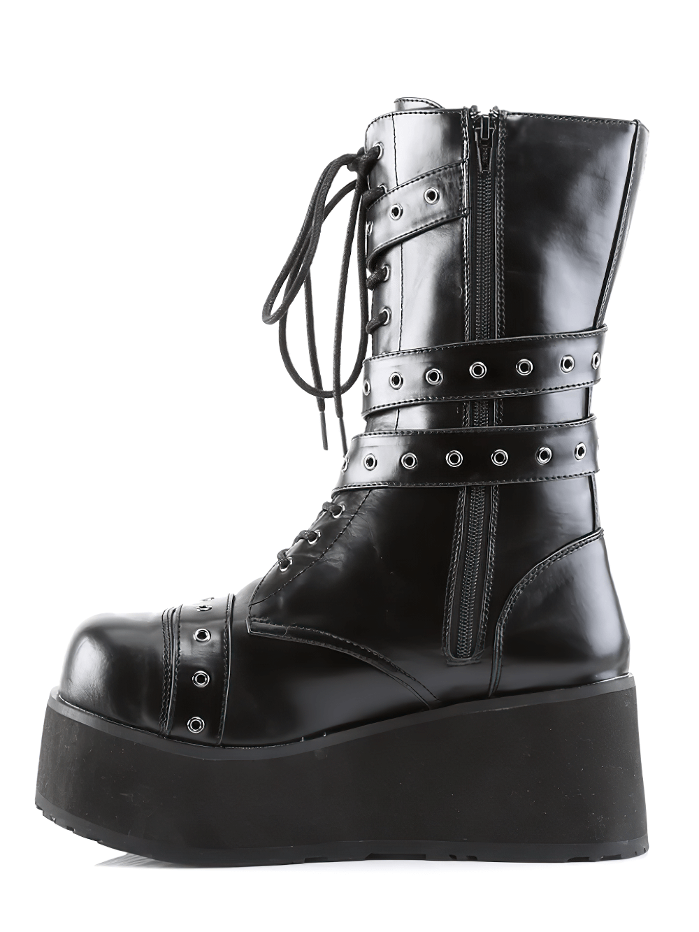 Demonia goth punk platform boots with buckle straps and side zipper, featuring a bold 3.25-inch platform.