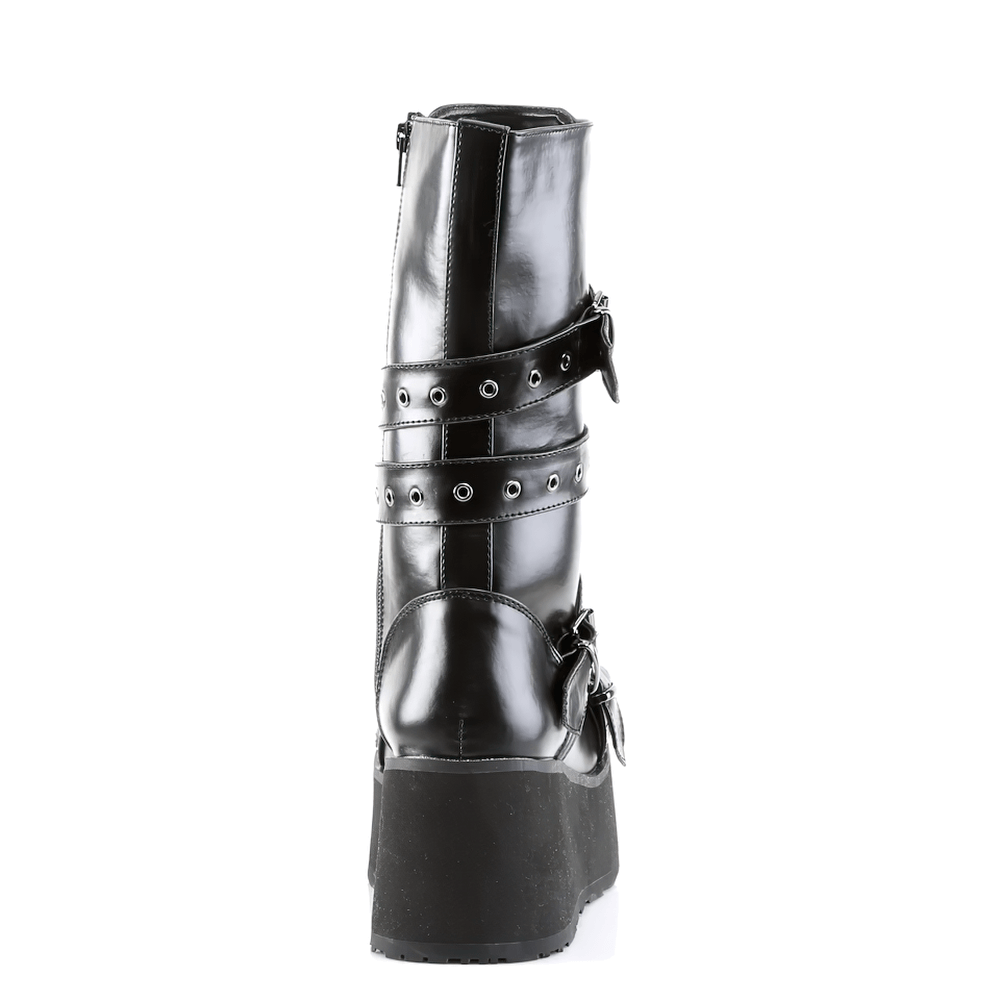 Rear view of DEMONIA goth punk platform boots with wrap-around buckle straps and side zipper detail.