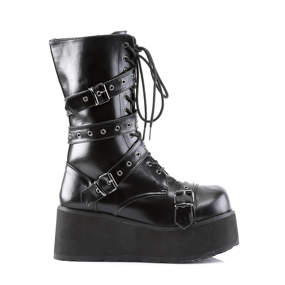 Black Demonia Goth Punk Platform Boots with wrap-around straps and side zipper, perfect for edgy outfits.