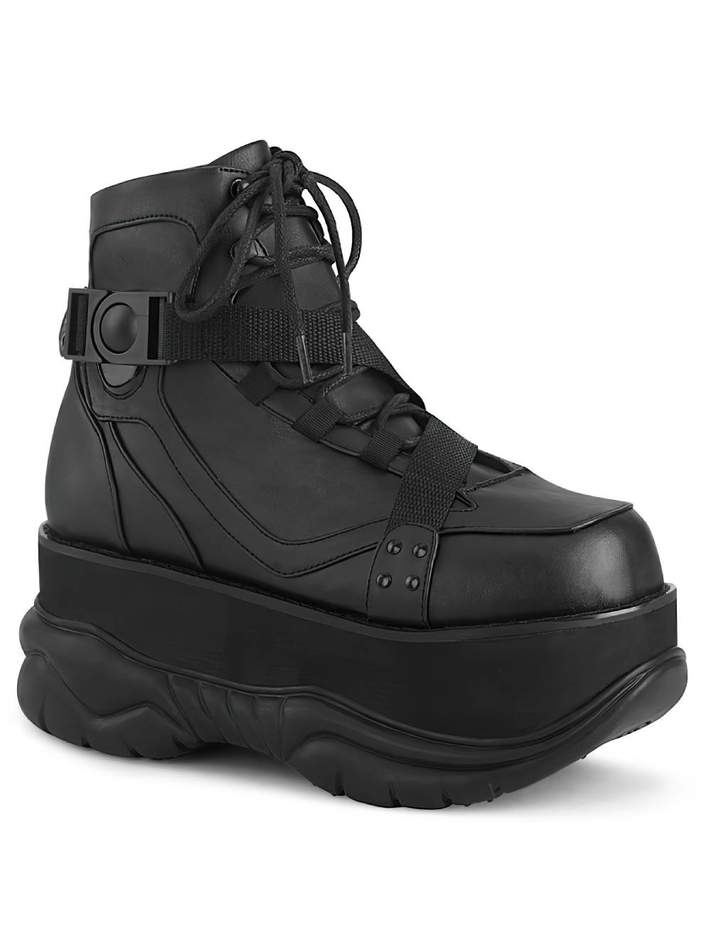 Demonia Gothic ankle boots with platform and lace-up design, featuring vegan leather and a unique zig-zag strap buckle.