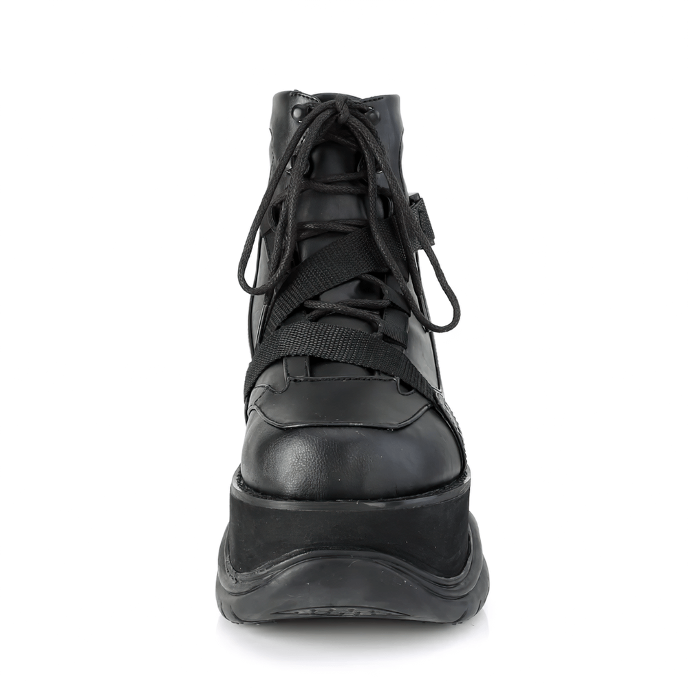 Front view of DEMONIA Gothic ankle boots, featuring a 3" platform and lace-up design in edgy vegan leather.