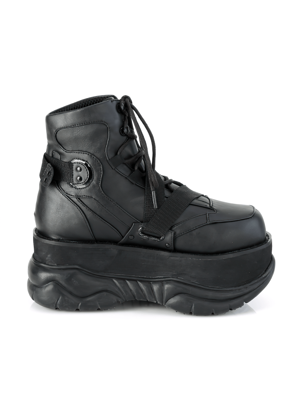 Demonia Gothic ankle boots in vegan leather with a 3" platform and lace-up design featuring a zig-zag strap.