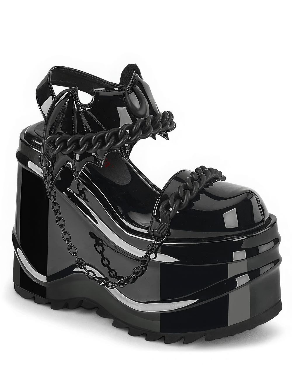 Black Gothic platform shoes with chains, bat details, and 6-inch height, perfect for an edgy fashion statement.