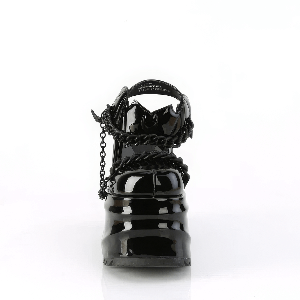 Back view of DEMONIA Gothic ankle strap platform shoes with chains and bat accents in black glossy finish.