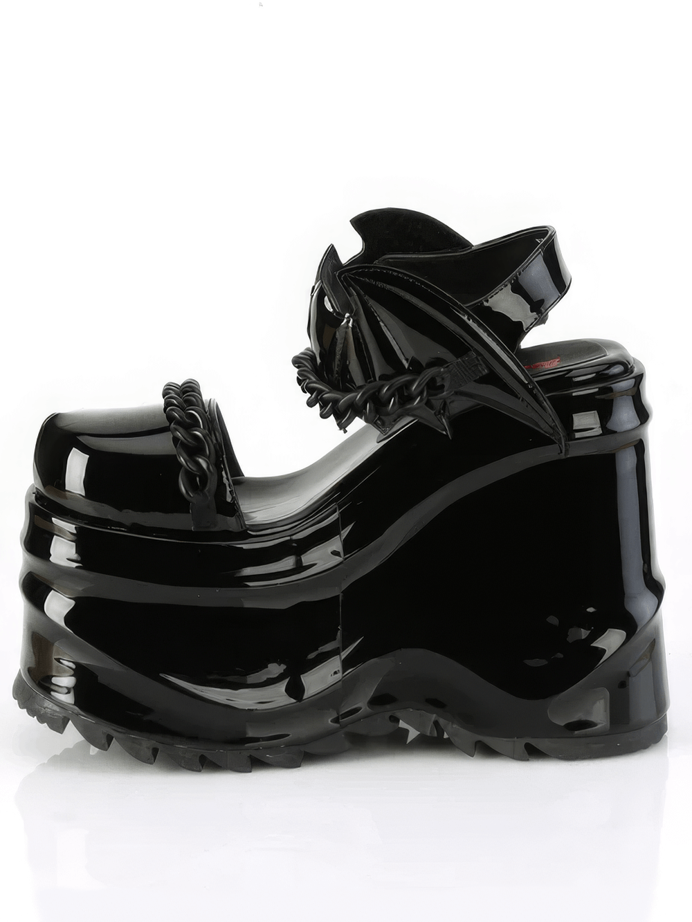 Demonia Gothic ankle strap platform shoes in black with bat and chain details, showcasing a striking 6-inch platform.