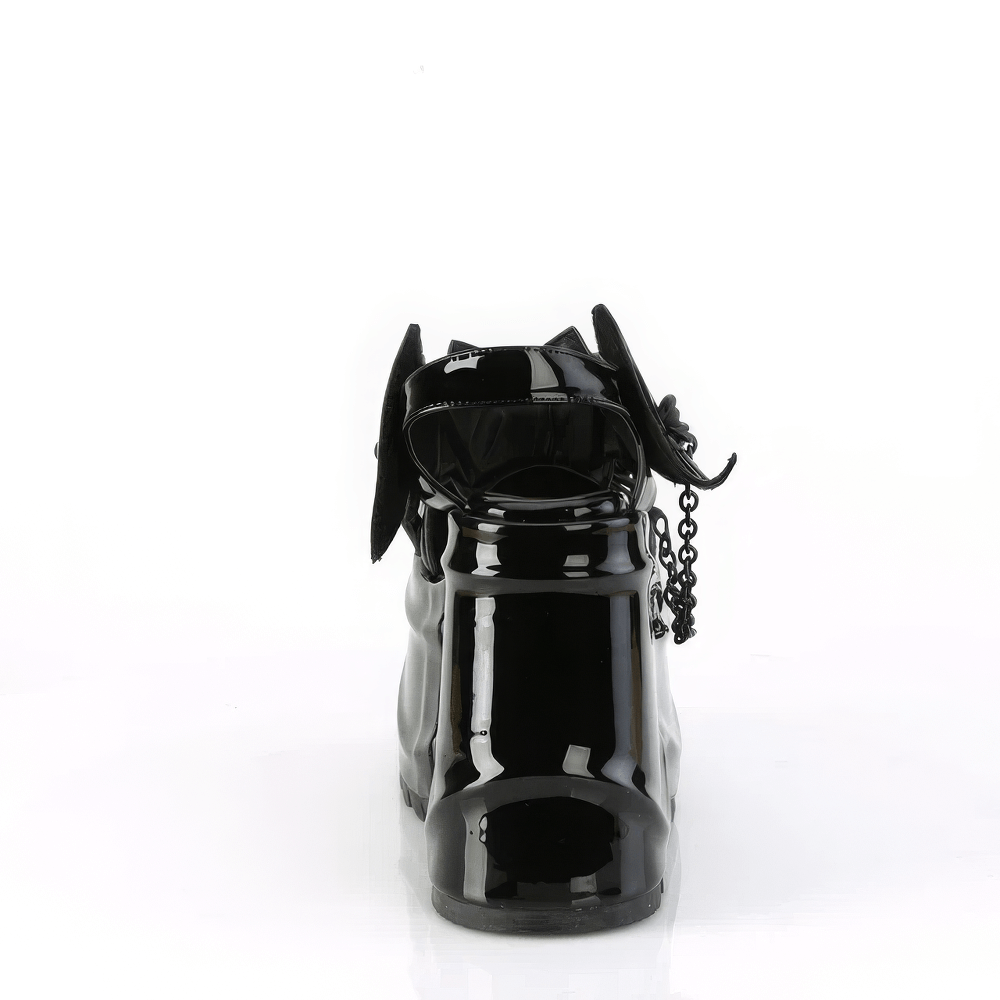 Back view of DEMONIA Gothic ankle strap platform shoes featuring a bat accent and delicate chains.