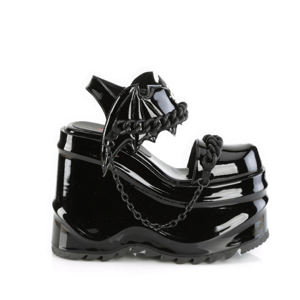 Demonia black closed-toe platform shoes with bat strap, chains, and moon details, perfect for gothic fashion.