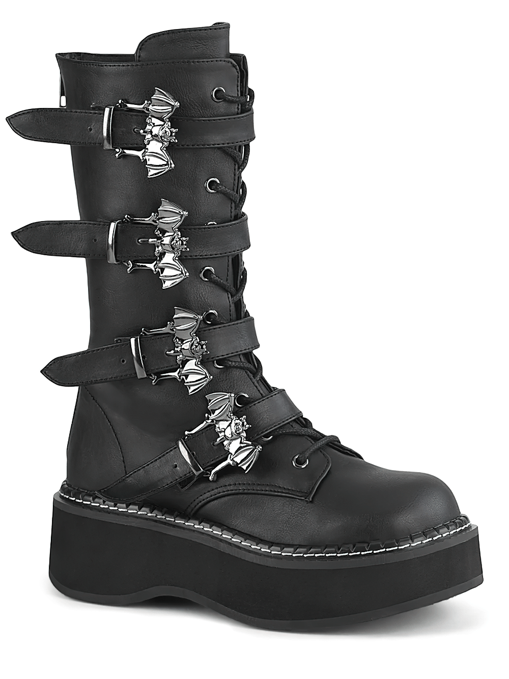 Gothic bat buckle straps lace-up platform boots in vegan leather with a unique design and bold 2" platform.