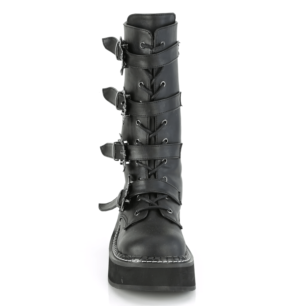 Gothic vegan leather mid-calf platform boot with bat buckle straps and lace-up design.