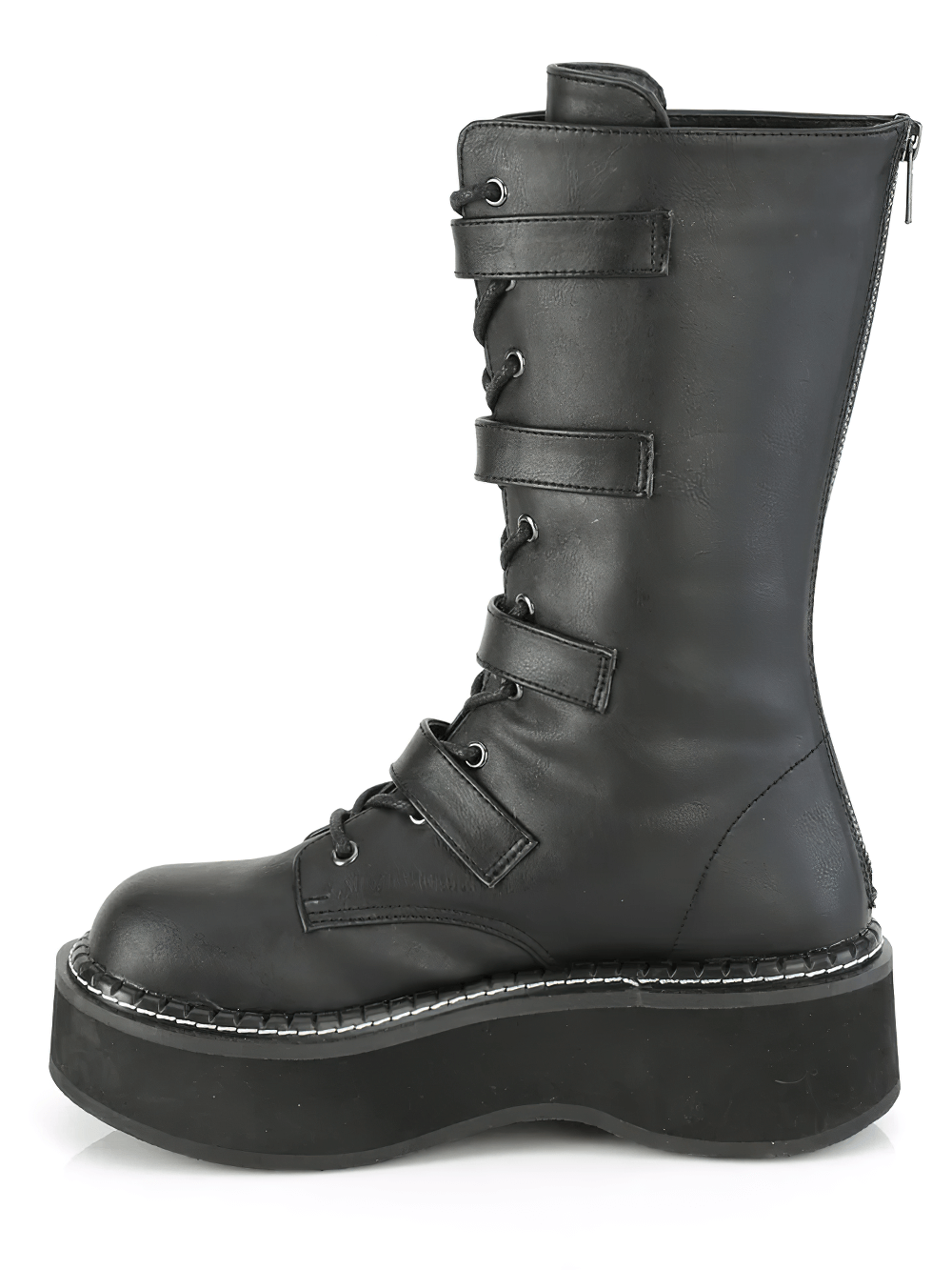 Demonia Gothic bat buckle lace-up platform boot in black vegan leather, featuring a 2" platform and mid-calf height.
