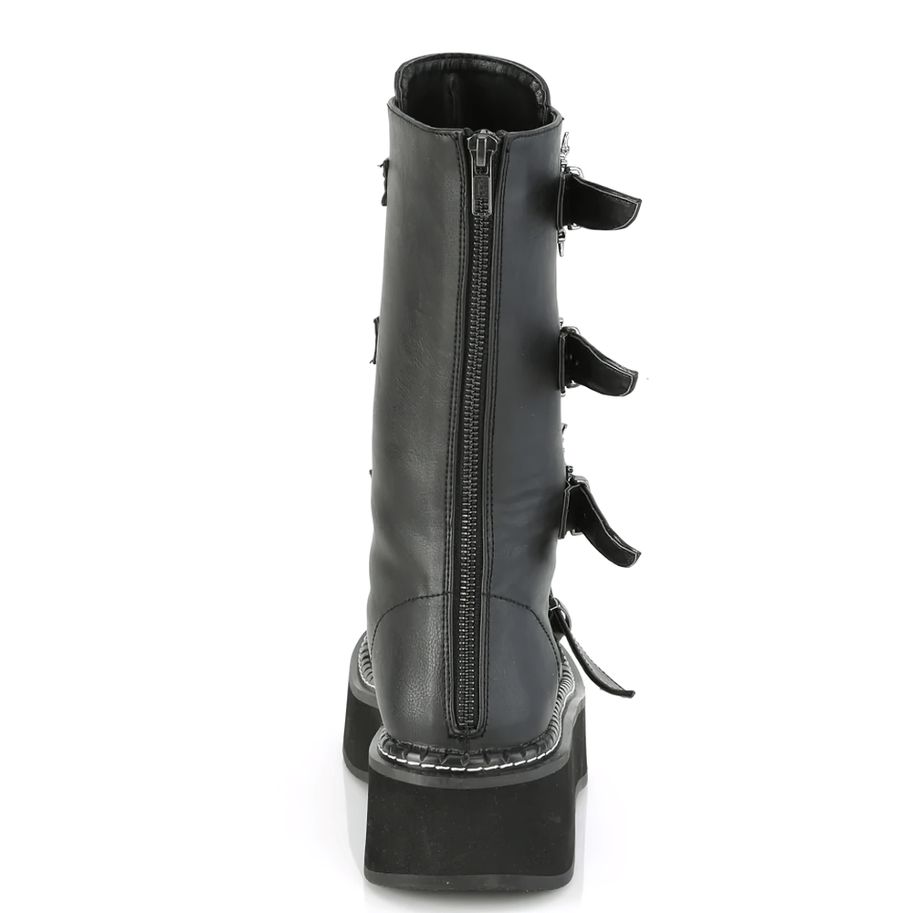 Back view of Demonia Gothic bat buckle strap platform boot, featuring metal zip closure and vegan leather design.