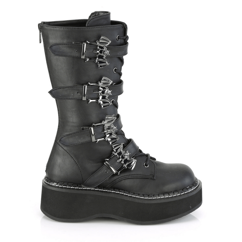 Gothic vegan leather mid-calf bat buckle strap platform boots with 2" elevation.