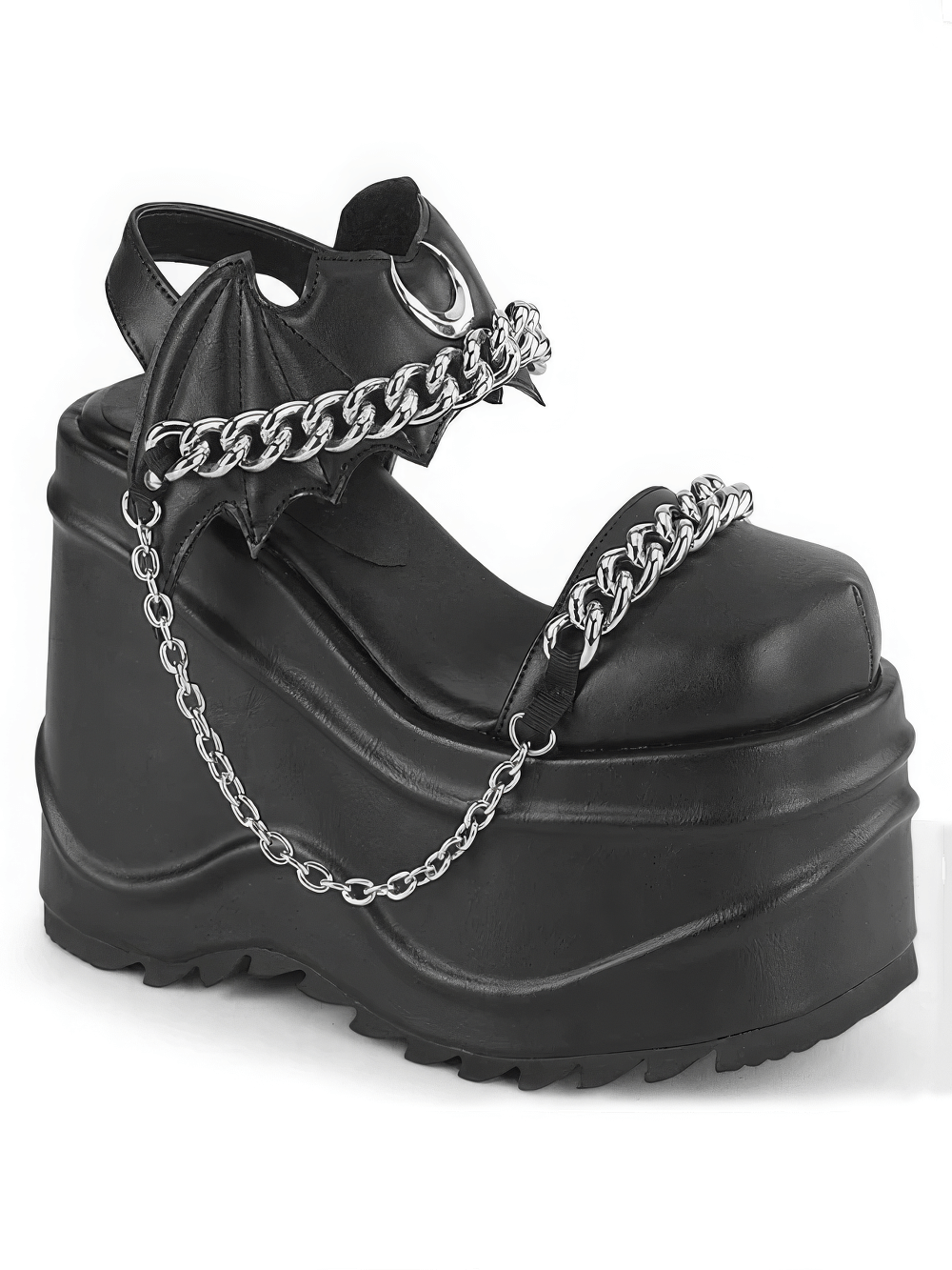 Demonia Gothic bat chain platform ankle strap shoes with silver chain, black vegan leather, and unique bat accents.