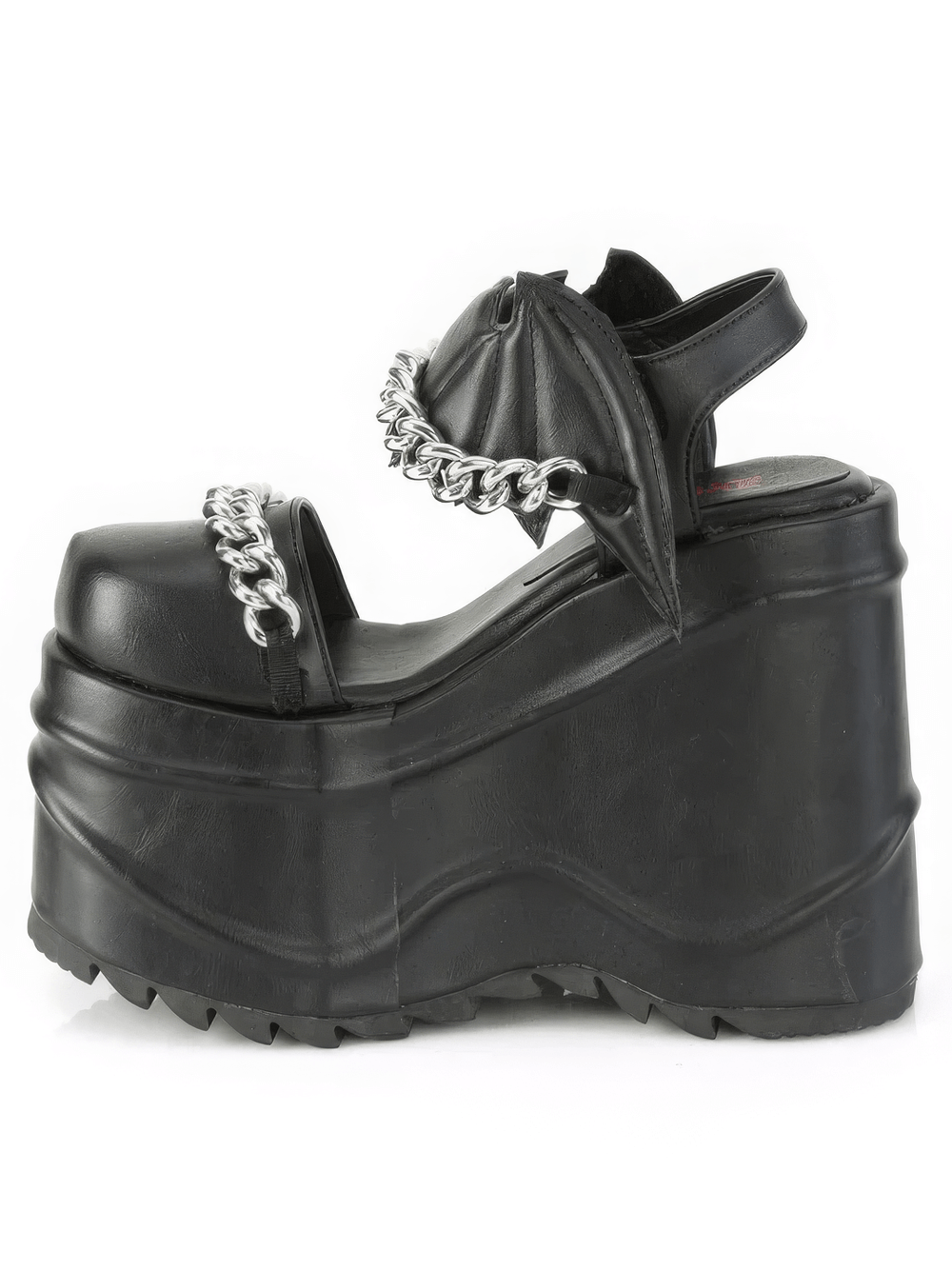 Demonia Gothic bat chain platform ankle strap shoes with black vegan leather and unique bat accents.