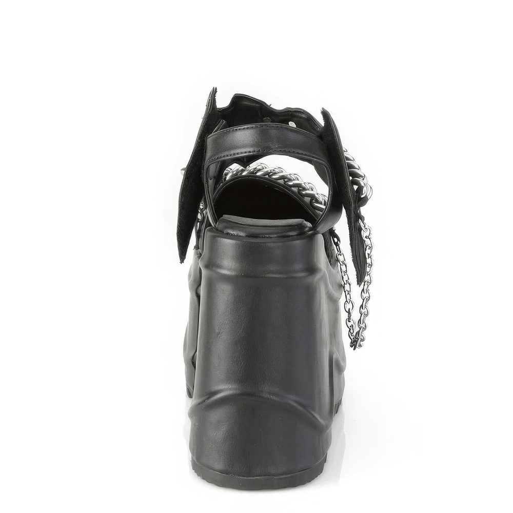 Back view of DEMONIA Gothic Bat Chain Platform Ankle Strap Shoes with striking black vegan leather and ankle strap.