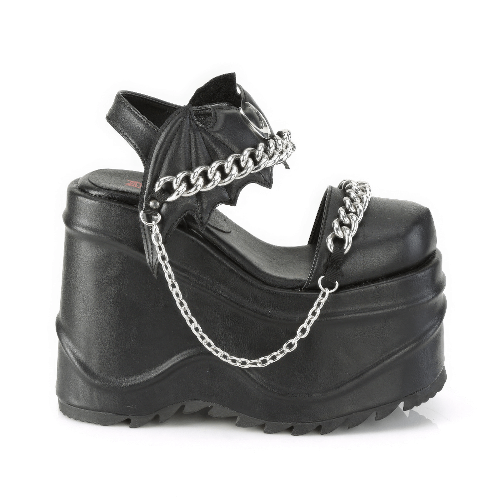Demonia Gothic bat chain platform ankle strap shoes in black vegan leather with moon and bat accents.