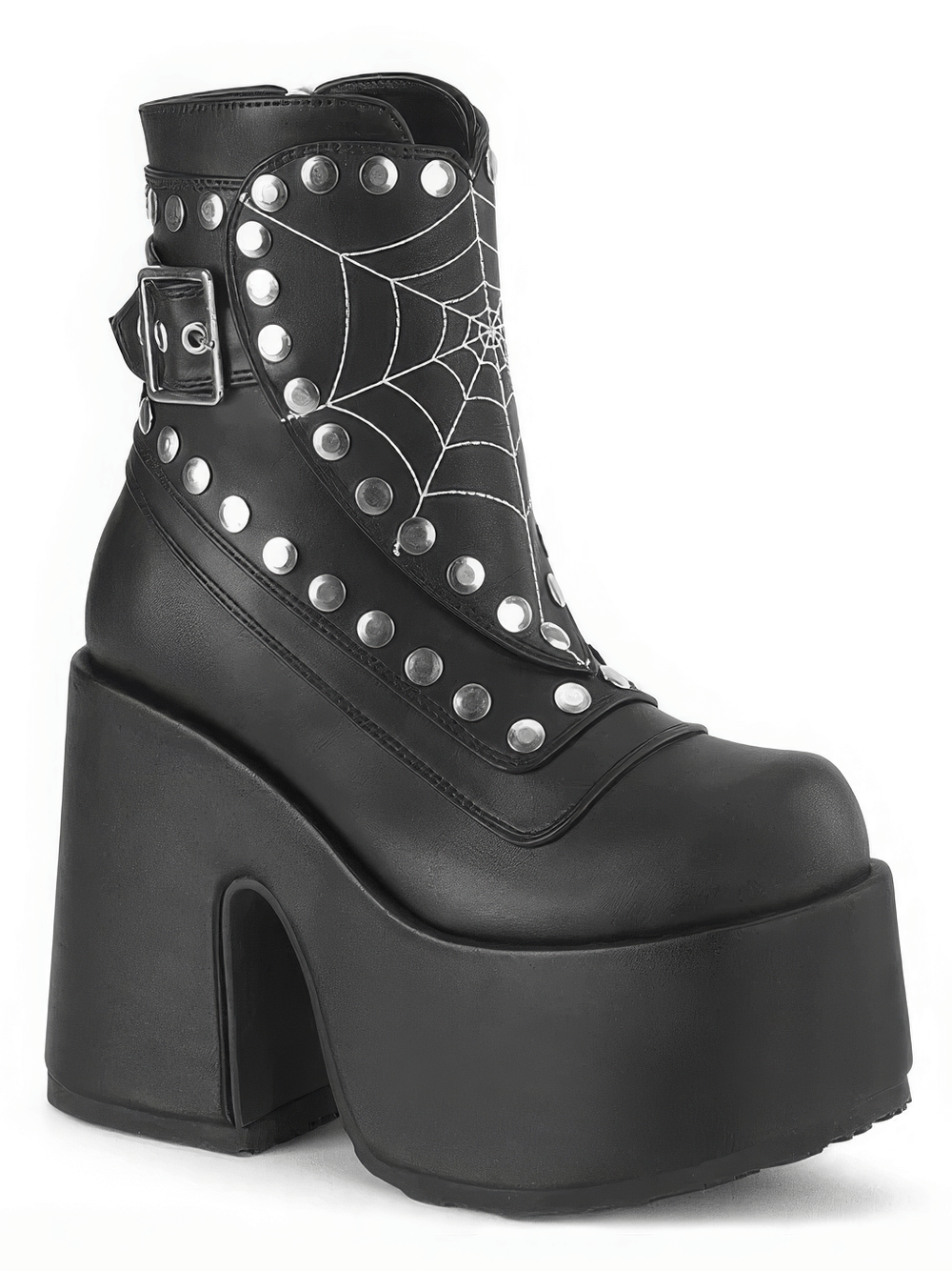 Gothic black ankle boots with chunky heel, embroidered spider web, and studded accents for a bold style.